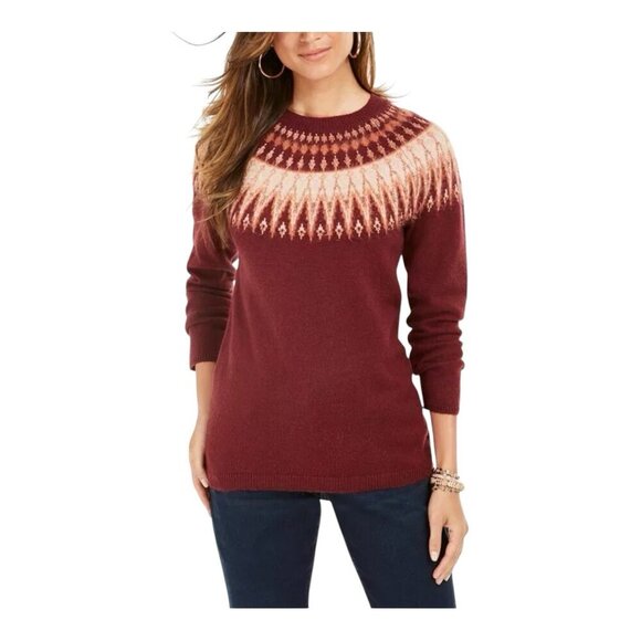 Style & Co Women’s XL Red Burgundy Crew Neck Fair Isle Pullover Sweater - Picture 1 of 8